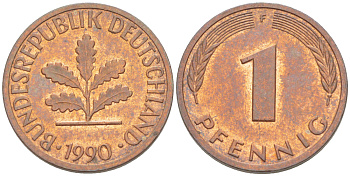 ФРГ 1 ПФЕННИГ 1990 F KM 105, J. 380 сталь плакированная медью 4181-711