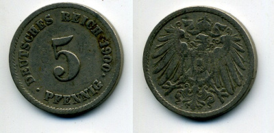 ГЕРМАНИЯ 5 ПФЕННИГОВ 1900 J, KM 11, J. 12 медно-никель 58-1229
