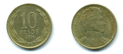 ЧИЛИ 10 ПЕСО 2006 ГЕНЕРАЛ БЕРНАРДО О ХИГГИНС KM 228.2 никель-бронза 37-258