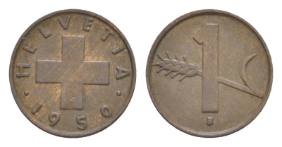 Швейцария 1 раппен 1950 B KM 46 бронза 4630-525