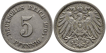 ГЕРМАНИЯ 5 ПФЕННИГОВ 1904 E KM 11, Jager 12, Weege 6 медно-никель 4547-438