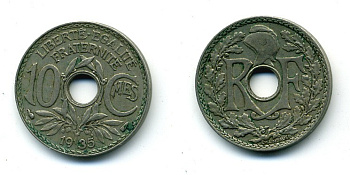 ФРАНЦИЯ 10 САНТИМОВ 1935 ТИП ЛИНДАЙЁ KM 866а, LE FRANC 138.22 медно-никель 84-333