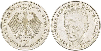 ФРГ 2 МАРКИ 1990 J, КУРТ ШУМАХЕР КМ 149, J.424 медно-никель плакированный никелем 114-1036