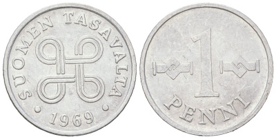 Финляндия 1 пенни 1969 KM 44a алюминий 218-862
