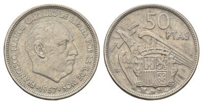 Испания 50 песет 1957 (58) Франсиско Франко (1939-1975) KM 788 медно-никель 91-1016