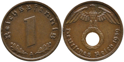 ГЕРМАНИЯ 1 РЕЙХСПФЕННИГ 1939 А KM 89, J.361 бронза 179-1025