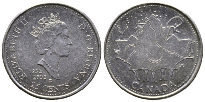 КАНАДА 25 ЦЕНТОВ 2002 Р, 1952-2002, 50 ЛЕТ ПРАВЛЕНИЯ KM 451 сталь плакированная никелем 4364-1431