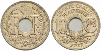 ФРАНЦИЯ 10 САНТИМОВ 1922 tb, ТИП ЛИНДАЙЁ, МОНЕТНЫЙ ДВОР ПУАССИ, МОЛНИЯ KM 866а, LE FRANC 138.7 медно-никель 108-134