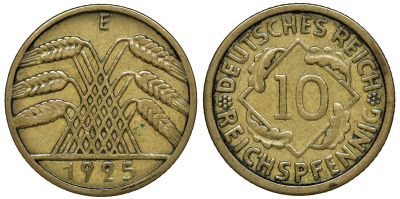 ГЕРМАНИЯ 10 РЕЙХСПФЕННИГОВ 1925 E KM 40, J.317 алюминиевая бронза 72-1546