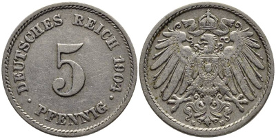 ГЕРМАНИЯ 5 ПФЕННИГОВ 1904 E KM 11, Jager 12, Weege 6 медно-никель 4547-438