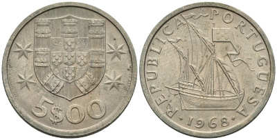 Португалия 5 эскудо 1968 парусник KM 591 медно-никель 4148-432