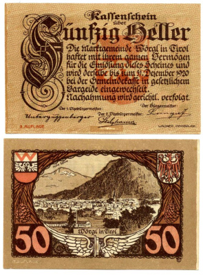 Вёргль, Австрия 50 геллеров 1920 31 декабря 1920, нотгельд, земля Тироль бумага 2193-26-3-2