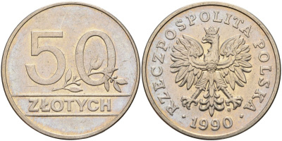 Польша 50 злотых 1990 MW, Демократическая Республика KM 216, Parchimowicz 601 медно-никель aUNC M56-10