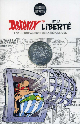 Франция 10 евро 2015 серия Астерикс и свобода, Обеликс выбивает решетку животом, в оригинальном буклете KM NEW серебро UNC 1-4-3-11