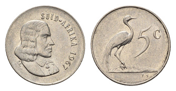 ЮАР 5 центов 1967 Ян ван Рибек (1619-1677), Suid Africa, легенда на африкаанс, райский журавль KM 67.2 медно-никель 4694-423