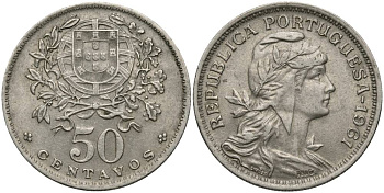 Португалия 50 сентаво 1961 голова Свободы вправо KM 577 медно-никель 27-312