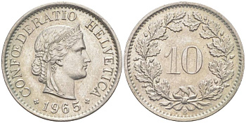 Швейцария 10 раппенов 1965 В KM 27 медно-никель 55-347