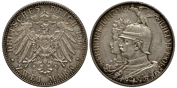 Пруссия 2 марки 1901 A, 200 лет Прусской королевской династии (Фридрих I - Вильгельм II) J.105, Weege 105, KM 525 серебро 413-5325