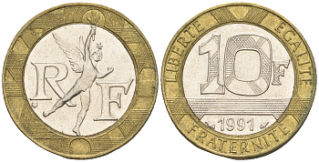 Франция 10 франков 1991 тип гений Бастилии KM 964.1, Le Frank 375.6 биметалл 60-814