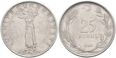 Турция 25 куруш 1968  KM 892.3 сталь 4595-511