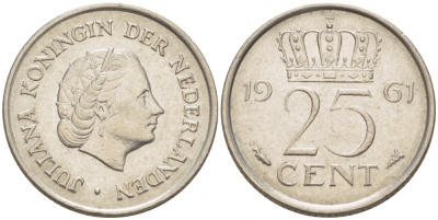 НИДЕРЛАНДЫ 25 ЦЕНТОВ 1961 ЮЛИАНА KM 183 никель 214-747