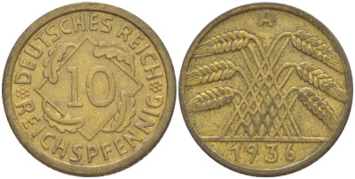 ГЕРМАНИЯ 10 РЕЙХСПФЕННИГОВ 1936 A KM 40, J. 317, Weege 9 алюминиевая бронза 210-425
