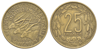 Французская Экваториальная Африка, Камерун 25 франков 1958 год-тип KM 12 алюминиевая бронза 63-227