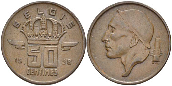БЕЛЬГИЯ 50 САНТИМОВ 1958 BELGIE, БОДУЭН I (1951-1993) KM 149.1 бронза 116-1016