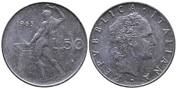 ИТАЛИЯ 50 ЛИР 1965 R, КУЗНЕЦ KM 95.1 сталь 3333-835