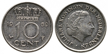 Нидерланды 10 центов 1969 Юлиана (1948-1980) KM 182 никель 75-1055