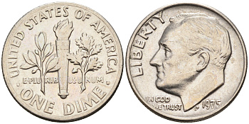 США 10 центов = 1 дайм 1975 Рузвельт KM 195а медь плакированная медно-никелем 4588-264
