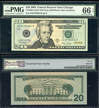 США 20 долларов 2009 G7 (Чикаго), в слабе PMG 66 Gem Uncirculated Pick 533, Fr. 2095-G  бумага  UNC (пресс) 452-1-106