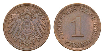 Германия 1 пфенниг 1908 A, Вильгельм II (1888-1918) KM 10, J. 10 медь 4639-1134