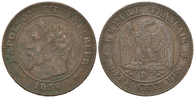 Франция 2 сантима 1854 D, Наполеон III (1852-1870) KM 776.4 бронза 4615-642
