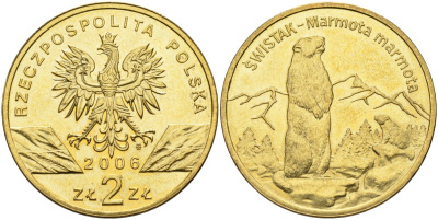 Польша 2 злотых 2006 MW, серия всемирная природа, альпийский сурок KM 534, Parchimowicz 988 нордик 4543-834