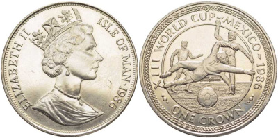 Остров Мэн 1 крона 1986 чемпионат мира по футболу 1986 года в Мексике, три игрока, гол KM 161 медно-никель UNC 107-815