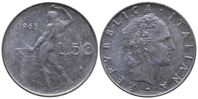 ИТАЛИЯ 50 ЛИР 1965 R, КУЗНЕЦ KM 95.1 сталь 3333-835
