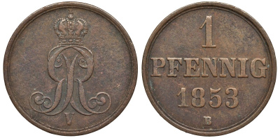 Ганновер 1 пфенниг 1853 B, Георг V KM 221, AKS 155, J. 83 медь 4594-243