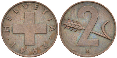Швейцария 2 раппена 1963 В KM 47 бронза 4582-617