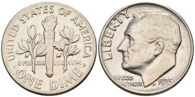 США 10 центов = 1 дайм 1975 Рузвельт KM 195а медь плакированная медно-никелем 4588-264