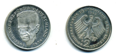 ФРГ 2 МАРКИ 1992 F, КУРТ ШУМАХЕР KM 149, J. 424 медно-никель плакированный никелем плакированный никелем 25-1932