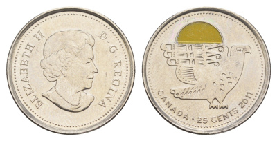 Канада 25 центов 2011 Природа Канады - Сапсан, Цветное покрытие KM 1169a сталь плакированная никелем UNC 4652-822