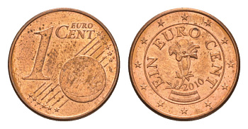 Австрия 1 евроцент 2010 KM 3082 сталь плакированная медью aUNC 4630-445