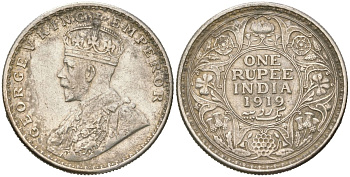 Британская Индия 1 рупия 1919 Георг V (1910-1936) KM 524 серебро 77-126