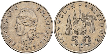 Французская Новая Каледония 50 франков 2015 хижина среди сосен и пальм, (IEOM) KM 13a, Schoen 15a, Lec 128i медно-никель 4111-1213