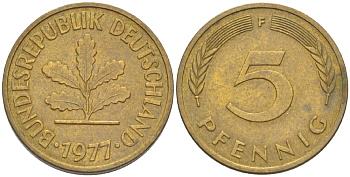 ФРГ 5 ПФЕННИГОВ 1977 F KM 107, J. 382 сталь плакированная латунью 4181-956