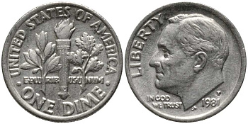 США 10 ЦЕНТОВ = 1 ДАЙМ 1981 Р, РУЗВЕЛЬТ KM 195а медь плакированная медно-никелем 112-638