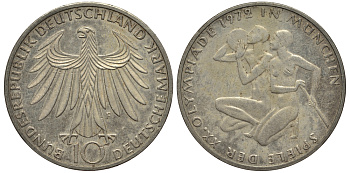 ФРГ 10 марок 1972 F, XX летние Олимпийские Игры, Мюнхен 1972, спортсмены KM 132, J.403 серебро 413-4841