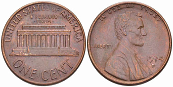 США 1 ЦЕНТ 1974 D, ЛИНКОЛЬН KM 201 медь цинк 105-646