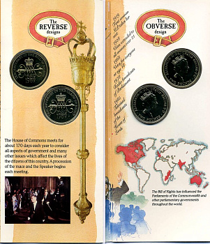 Великобритания набор из 2 монет по 2 доллара 1989 300 лет Биллю о правах, 300 лет Праву престолонаследования, в оригинальном картонном буклете KM 960, 961, Spink никель латунь BUNC 5-4-4-31